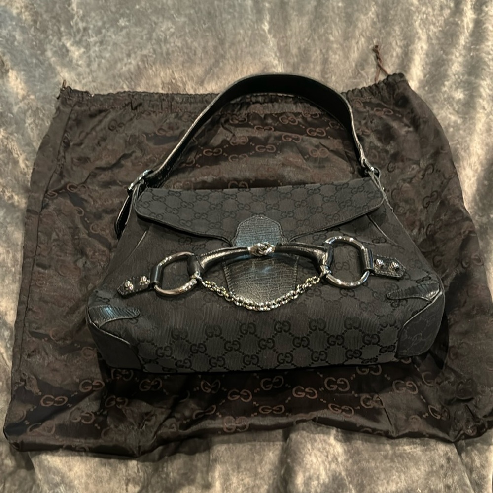Gucci Horse-bit Black Canvas Shoulder Bag